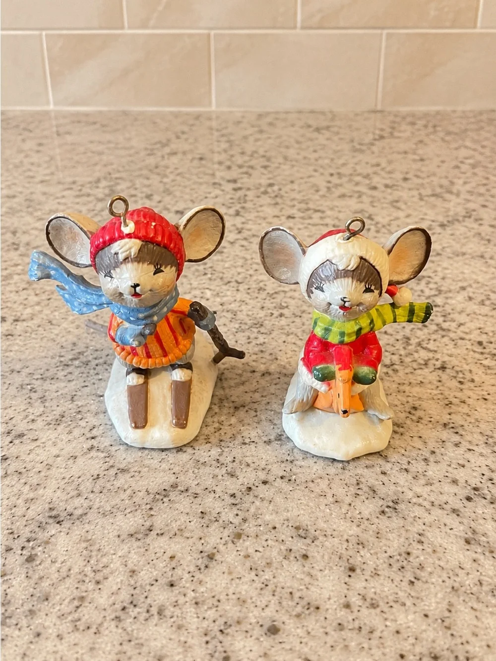 Vintage Set of 2 Winter Mouse Christmas Ornaments – Skier & Sledding Mouse – Han